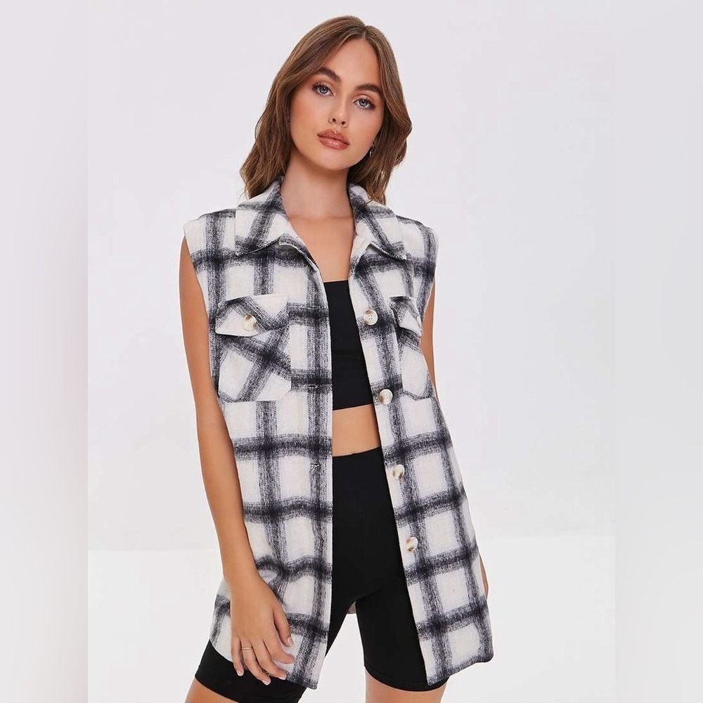Forever 21 Women White Black Checked Longline Tailored Vest Jacket Plaid S